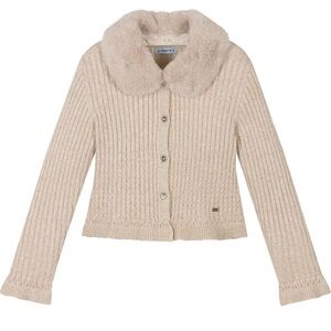 Mayoral Cream Cardigan with Faux Fur Collar